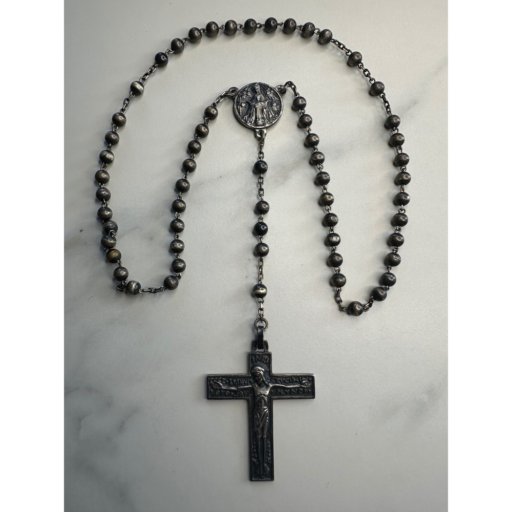 Vintage Sterling Silver Rosary Necklace Detailed Crucifix Latin Inscription